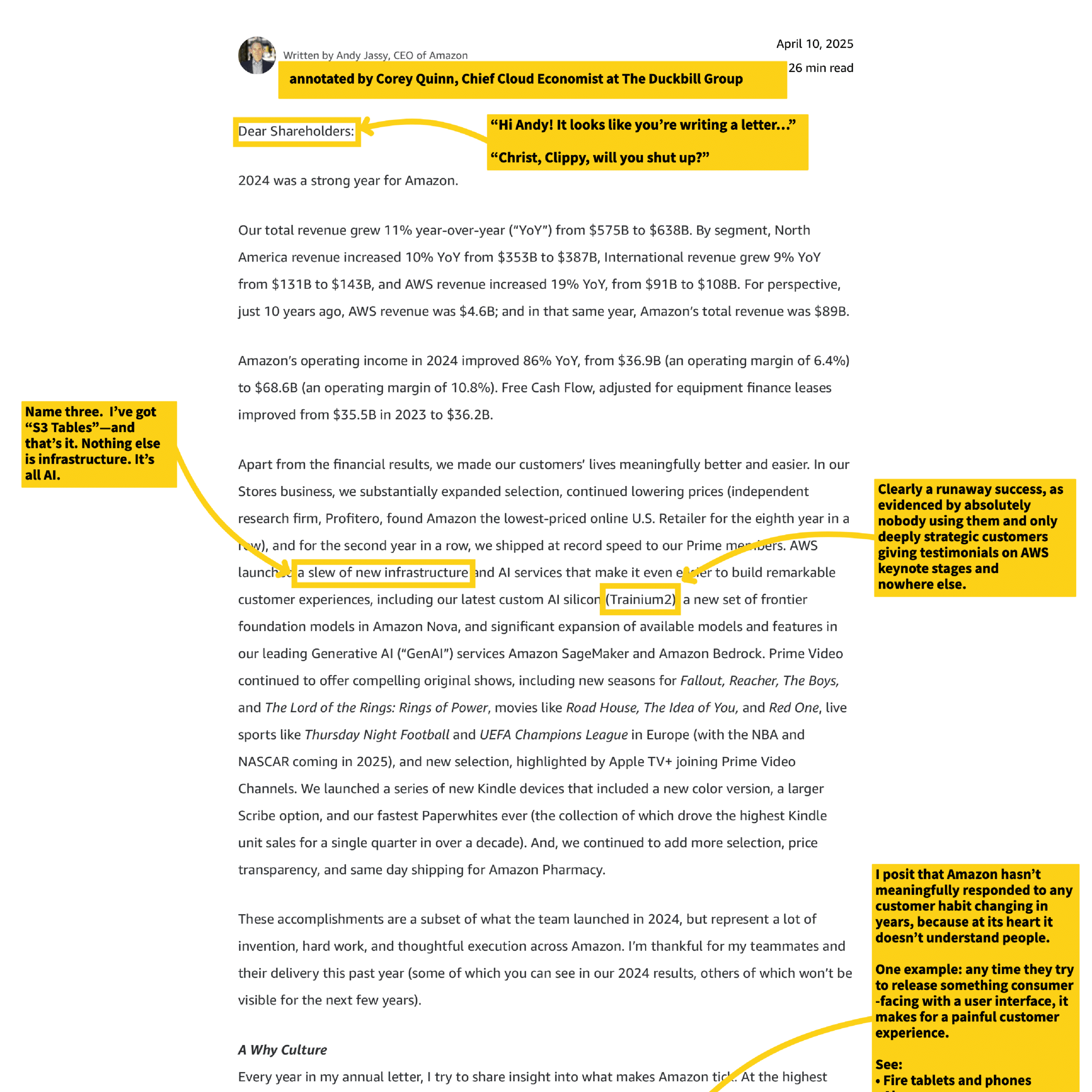 April 10, 2025
Written by Andy Jassy, CEO of Amazon
annotated by Corey Quinn, Chief Cloud Economist at The Duckbill Group
26 min read

"Hi Andy! It looks like you're writing a letter..."
"Christ, Clippy, will you shut up?"
Dear Shareholders:

2024 was a strong year for Amazon.

Our total revenue grew 11% year-over-year ("YoY") from $575B to $638B. By segment, North America revenue increased 10% YoY from $353B to $387B, International revenue grew 9% YoY from $131B to $143B, and AWS revenue increased 19% YoY, from $91B to $108B. For perspective, just 10 years ago, AWS revenue was $4.6B; and in that same year, Amazon's total revenue was $89B.

Amazon's operating income in 2024 improved 86% YoY, from $36.9B (an operating margin of 6.4%) to $68.6B (an operating margin of 10.8%). Free Cash Flow, adjusted for equipment finance leases improved from $35.5B in 2023 to $36.2B.

Apart from the financial results, we made our customers' lives meaningfully better and easier. In our Stores business, we substantially expanded selection, continued lowering prices (independent research firm, Profitero, found Amazon the lowest-priced online U.S. Retailer for the eighth year in a row), and for the second year in a row, we shipped at record speed to our Prime members. AWS launched a slew of new infrastructure and AI services that make it even easier to build remarkable customer experiences, including our latest custom AI silicon (Trainium2), a new set of frontier foundation models in Amazon Nova, and significant expansion of available models and features in our leading Generative AI ("GenAI") services Amazon SageMaker and Amazon Bedrock. Prime Video continued to offer compelling original shows, including new seasons for Fallout, Reacher, The Boys, and The Lord of the Rings: Rings of Power, movies like Road House, The Idea of You, and Red One, live sports like Thursday Night Football and UEFA Champions League in Europe (with the NBA and NASCAR coming in 2025), and new selection, highlighted by Apple TV+ joining Prime Video Channels. We launched a series of new Kindle devices that included a new color version, a larger Scribe option, and our fastest Paperwhites ever (the collection of which drove the highest Kindle unit sales for a single quarter in over a decade). And, we continued to add more selection, price transparency, and same day shipping for Amazon Pharmacy.

These accomplishments are a subset of what the team launched in 2024, but represent a lot of invention, hard work, and thoughtful execution across Amazon. I'm thankful for my teammates and their delivery this past year (some of which you can see in our 2024 results, others of which won't be visible for the next few years).

A Why Culture

[Annotations from side notes]
- "Name three. I've got "S3 Tables"—and that's it. Nothing else is infrastructure. It's all AI."
- "Clearly a runaway success, as evidenced by absolutely nobody using them and only deeply strategic customers giving testimonials on AWS keynote stages and nowhere else."
- "I posit that Amazon hasn't meaningfully responded to any customer habit changing in years, because at its heart it doesn't understand people."
- "One example: any time they try to release something consumer-facing with a user interface, it makes for a painful customer experience."
- "See: Fire tablets and phones"